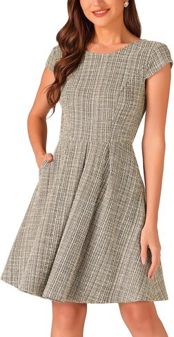 Allegra K Plaid Tweed Dress for Women's Round Neck Cap Sleeve A-Line Vintage Pleated Dresses in Saudi Arabia