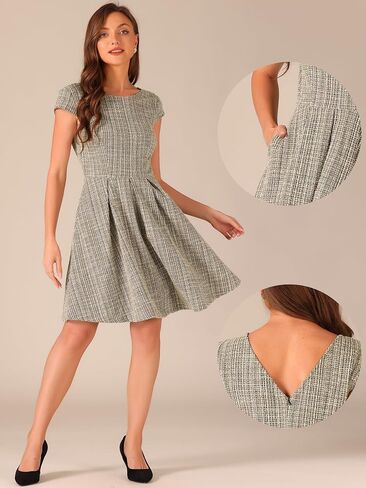 Allegra K Plaid Tweed Dress for Women's Round Neck Cap Sleeve A-Line Vintage Pleated Dresses in Saudi Arabia