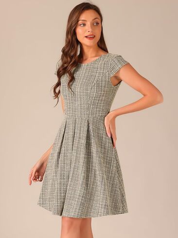 Allegra K Plaid Tweed Dress for Women's Round Neck Cap Sleeve A-Line Vintage Pleated Dresses in Saudi Arabia