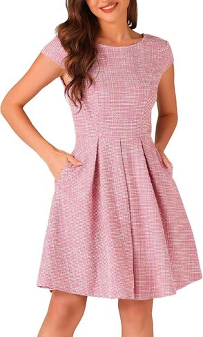 Allegra K Plaid Tweed Dress for Women's Round Neck Cap Sleeve A-Line Vintage Pleated Dresses in Saudi Arabia
