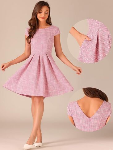 Allegra K Plaid Tweed Dress for Women's Round Neck Cap Sleeve A-Line Vintage Pleated Dresses in Saudi Arabia