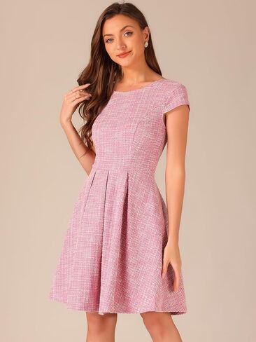 Allegra K Plaid Tweed Dress for Women's Round Neck Cap Sleeve A-Line Vintage Pleated Dresses in Saudi Arabia