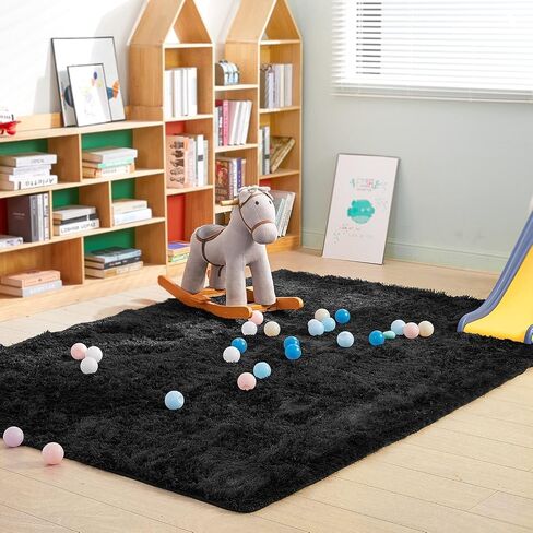 Area Rugs 8x10 for Living Room Bedroom, Large Modern Indoor Fuzzy Shaggy Carpet Shag Rugs Kids Girls Boys Classroom Nursery Dorm Room, Black in Saudi Arabia