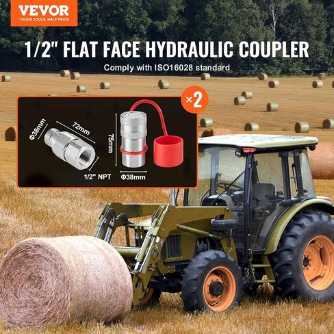 VEVOR LSQ-FF Flat Face 1/2" NPT Skid Steer Hydraulic Quick Connect Couplers with 4 Dust Caps (ISO16028), Silver in Saudi Arabia