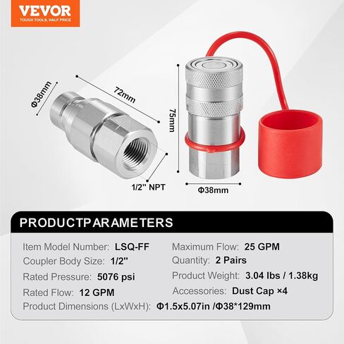 VEVOR LSQ-FF Flat Face 1/2" NPT Skid Steer Hydraulic Quick Connect Couplers with 4 Dust Caps (ISO16028), Silver in Saudi Arabia