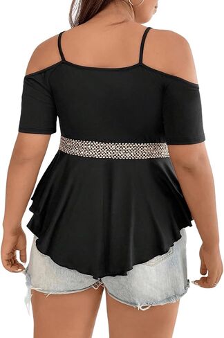 Floerns Women's Plus Ring Linked Cold Shoulder Peplum Tee Ruched Asymmetrical Hem T Shirt in Saudi Arabia