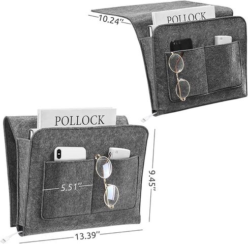 5 Pockets Bedside Caddy, Felt Bed Storage Organizer Hanging Bag Holder for Magazine Book Phone Tablet iPad Cables Remote and Glasses Holder Home Dorm Bed Sofa-Dark Gray in Saudi Arabia