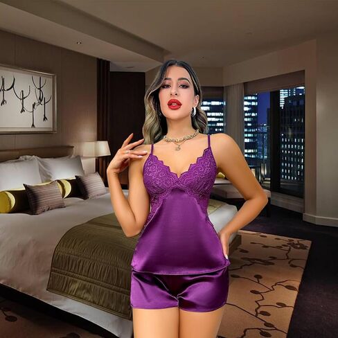 طقم بيجامة حريمي من Dream love ملابس نوم من الساتان وملابس داخلية من الدانتيل والحرير طقم شورت كامي S-XXL in Kuwait