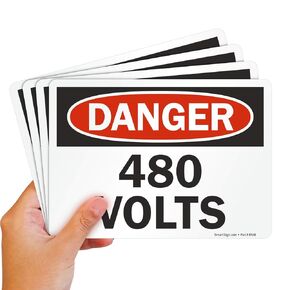 SmartSign (Pack of 4) 5 x7 inch “Danger - 480 Volts" OSHA Sticker Labels, 5 mil Laminated Polyester with SuperStick Adhesive, Red, Black and White