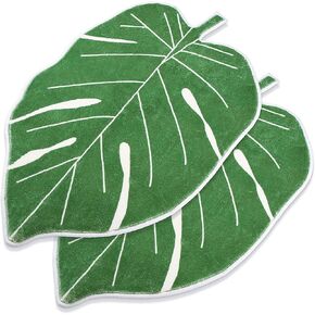 2 Pcs Palm Leaf Bath Mat 23.6 x 35.4 Inch Botanical Bathroom Rug Safari Decor Green Bathroom Mat Nonslip Toddler Room Decor Machine Washable Door Carpet Leaf Shape Area Rugs Kids Rug Doormat