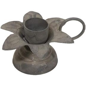 Grey Vintage Farmhouse Style Taper Candle Holder | Primitive Shabby Chic Flower Design Candle Pan | 3 inch