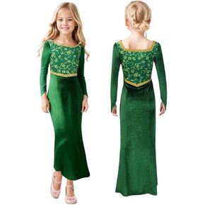 Girl's Fiona Costume Green Dress for Age 3 to 14 Princess Fiona Gown Halloween Birthday Party Outfit Long Sleeve