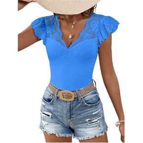 MakeMeChic Women's Solid V Neck Lace Sheer Shirt Ruffle Cap Sleeve Casual Tee Tops