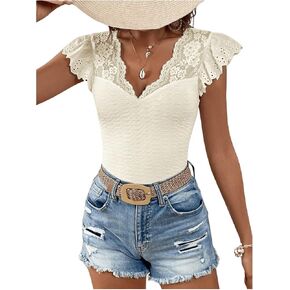 MakeMeChic Women's Solid V Neck Lace Sheer Shirt Ruffle Cap Sleeve Casual Tee Tops