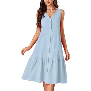 LYANER Women's V Neck Sleeveless Button Down Ruffle Casual Summer Midi Dress with Pockets