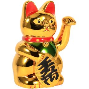 Oumefar Waving Cat Eastern Enlightenments Piece Feng Shui Cat Wealth Lucky Cat Waving Arm Paw Up Large Gold Lucky Fortune Cat for Japanese-Chinese Decoration Living Room