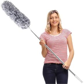 Microfiber Feather Duster Extendable Duster with 100 inches Extra Long Pole, Bendable Head Long Handle Dusters for Cleaning Ceiling Fan, High Ceiling, Blinds, Cars (Gray)