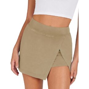 Ailoqing Women's Mini Skirt Stretchy Mid-Waist Side Slit Fitted Bodycon Short Skirt with Shorts Underneath