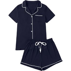 طقم بيجامة نسائي من Vrtige بأكمام قصيرة وأزرار سفلية مع شورت، طقم ملابس نوم من PJ Loungewear