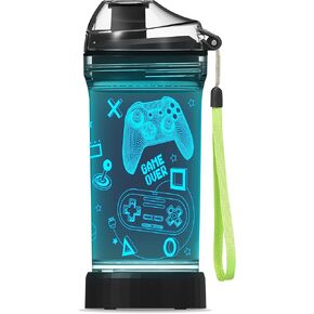 زجاجة مياه للأطفال مع وحدة تحكم ألعاب متوهجة ثلاثية الأبعاد مزودة بإضاءة LED - خالية من تريتان BPA - هدية كوب للسفر للعودة إلى المدرسة والفتاة والطفل ونزهة التخييم - 14 أونصة in Kuwait