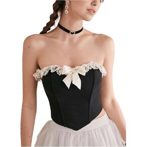 WDIRARA Women's Bow Front Ruffle Lace Trim Strapless Asymmetrical Hem Crop Tube Top
