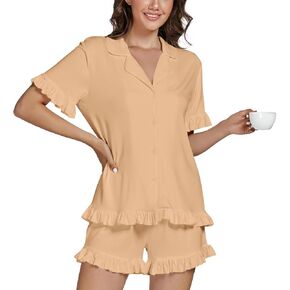 Rooscier Women's Ruffle Pajamas Set Short Sleeve Collar Button Down Shirt With Shorts