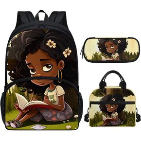 African Princessc Girls Backpack Set 3 in1,Back to School Backpack with Lunch Box Elementary Middle School Bag Afro Girl Bookbag Teen Girls Schoolbag Lunch Bag Pencil Case