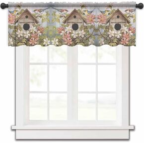 Birdhouse Valance Curtains for Kitchen/Living Room/Bathroom/Bedroom Window,Rod Pocket Small Topper Half Short Window Curtains Voile Sheer Scarf, 54"x18" Farmhouse Leaves Country Vintage Animal