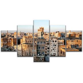 JOEJRTGRKADW Canvas Art Wall Traditional Yemeni Architecture in sanaa Yemen Paintings Vintage Prints Home Decor Artworks Gift Ready to Hang for Living Room 5 Panels Large Size, Multi5, 60x32inch