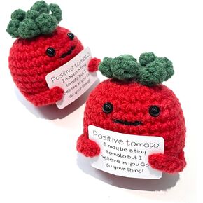 Positive Tomato Knitting Doll Toys with Positive Card, Mini Funny Crochet Tomato Doll Creative Cute 3 inch Cheer Up Gifts for Friends Party Decoration Encouragement