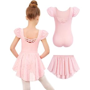 Zaclotre Girls Ballet Leotards with Removable High Low Skirt Toddler Ruffle Sleeve Hollow Back Dance Outfit Combo