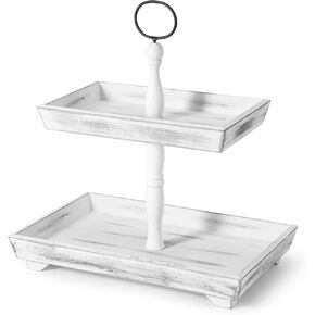 Decorative Tray Two Tiered Tray Stand for Easter Decor Wood Serving Trays for Farmhouse Kitchen Coffee Cupcake Food Fruits Display and Party White Rectangular Home Decor,White Rectangular