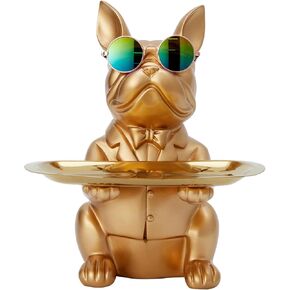Resin Bulldog Statue Decor with Tray, Entrance Decor Tray Place Keys, Table Decor Place Jewelry and Candies Office Living Room Decoration to Attract Wealth (Gold)