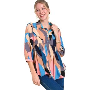 Umgee Abstract Print 3/4 Puff Sleeve Button Up Collared Babydoll Top
