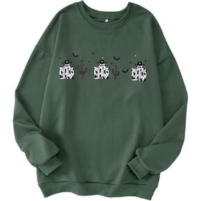 IZYJOY Women Halloween Cow Ghost Sweatshirts Spooky Season Western Cowboy Oversized Graphic Pullover Tee Cute Loose Fall Top