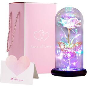 Mothers Day Rose Flower Gifts for Her, Colorful Artificial Flower Galaxy Rose Gift for Mom, Light Up Gold Rose Butterfly in Glass Dome, Unique Love Forever Rose from Daughter