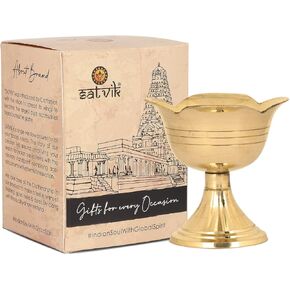 SATVIK قطعة واحدة من النحاس الزهري Akhand Diya تصميم منقوش معدني Akhand Dia Festival Diwali Puja Pooja Mandir Home Temple Oil Lamp مع Akhand Jyot Red فتائل هندية لهدايا الإرجاع بالجملة