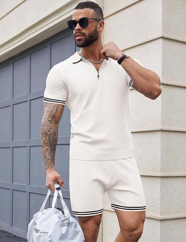 Atforna طقم قميص بولو وسروال قصير للرجال منسوج من قطعتين ملابس غير رسمية 1/4 سحاب كم قصير طقم رياضي 2024 لربيع وصيف in Kuwait