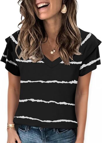 تي شيرت نسائي كاجوال من DB MOON صيفي مكشكش بأكمام قصيرة ورقبة على شكل حرف V وفضفاض مناسب in Kuwait