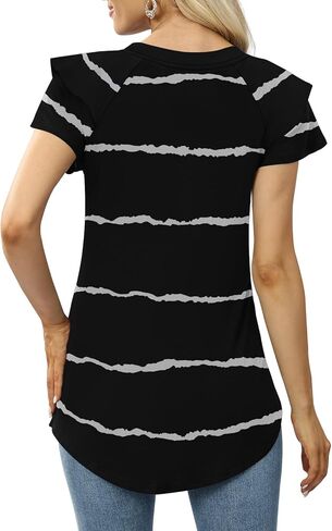 تي شيرت نسائي كاجوال من DB MOON صيفي مكشكش بأكمام قصيرة ورقبة على شكل حرف V وفضفاض مناسب in Kuwait