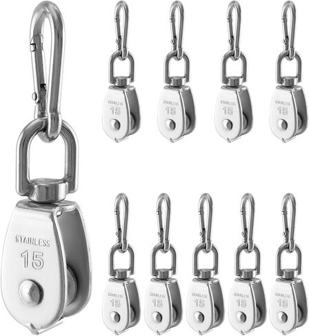 QWORK M15 304 Stainless Steel Single Pulley and Snap Hook Set - 10-Pack Heavy-Duty and Rust-Resistant with 360° Rotation - Max Load 80 lbs Pulley/119 lbs Hook for Versatile Indoor & Outdoor Use in Saudi Arabia
