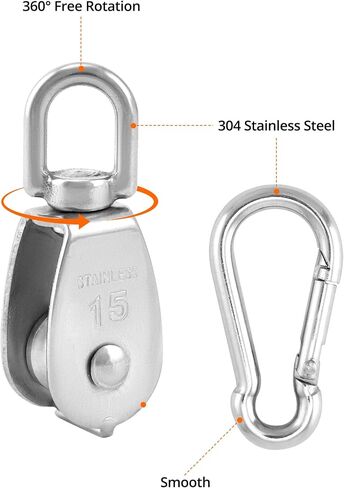 QWORK M15 304 Stainless Steel Single Pulley and Snap Hook Set - 10-Pack Heavy-Duty and Rust-Resistant with 360° Rotation - Max Load 80 lbs Pulley/119 lbs Hook for Versatile Indoor & Outdoor Use in Saudi Arabia