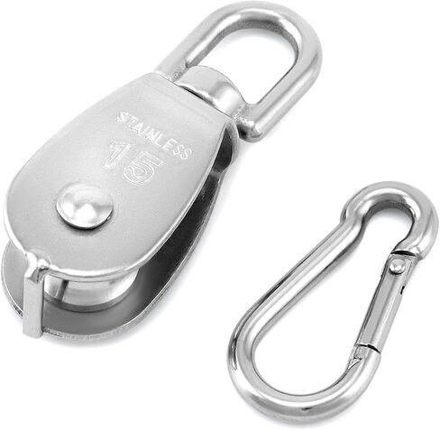 QWORK M15 304 Stainless Steel Single Pulley and Snap Hook Set - 10-Pack Heavy-Duty and Rust-Resistant with 360° Rotation - Max Load 80 lbs Pulley/119 lbs Hook for Versatile Indoor & Outdoor Use in Saudi Arabia