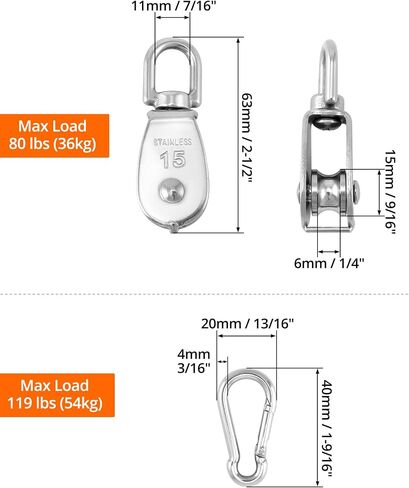 QWORK M15 304 Stainless Steel Single Pulley and Snap Hook Set - 10-Pack Heavy-Duty and Rust-Resistant with 360° Rotation - Max Load 80 lbs Pulley/119 lbs Hook for Versatile Indoor & Outdoor Use in Saudi Arabia
