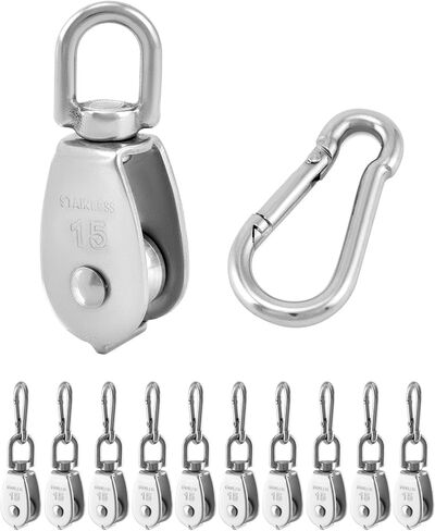 QWORK M15 304 Stainless Steel Single Pulley and Snap Hook Set - 10-Pack Heavy-Duty and Rust-Resistant with 360° Rotation - Max Load 80 lbs Pulley/119 lbs Hook for Versatile Indoor & Outdoor Use in Saudi Arabia