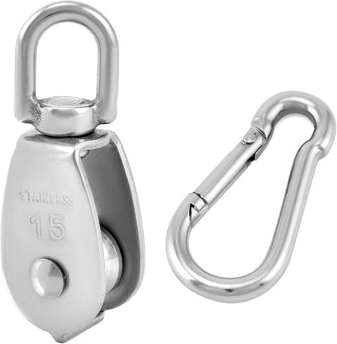 QWORK M15 304 Stainless Steel Single Pulley and Snap Hook Set - 10-Pack Heavy-Duty and Rust-Resistant with 360° Rotation - Max Load 80 lbs Pulley/119 lbs Hook for Versatile Indoor & Outdoor Use in Saudi Arabia