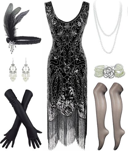 IWIWB 1920s Sequin Vintage Dress Beaded Gatsby Flapper Dress with Accessories Set in Kuwait