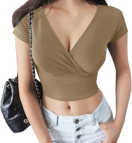 LYANER Women's Wrap Deep V Neck Short Sleeve Slim Fitted Solid Crop Tee Shirt Top in Saudi Arabia