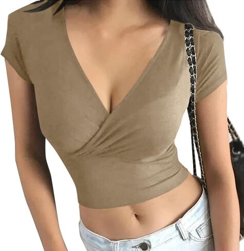 LYANER Women's Wrap Deep V Neck Short Sleeve Slim Fitted Solid Crop Tee Shirt Top in Saudi Arabia