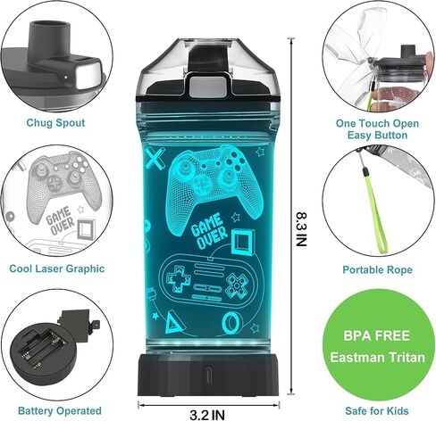 زجاجة مياه للأطفال مع وحدة تحكم ألعاب متوهجة ثلاثية الأبعاد مزودة بإضاءة LED - خالية من تريتان BPA - هدية كوب للسفر للعودة إلى المدرسة والفتاة والطفل ونزهة التخييم - 14 أونصة in Kuwait